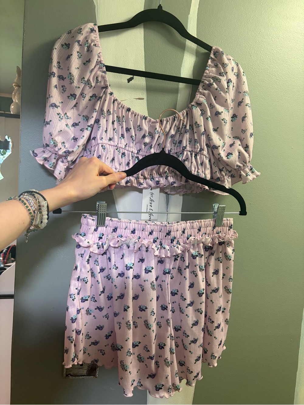 For Love & Lemons Lilac Floral Smocked Crop Top and Shorts Lounge Set - Picture 5 of 10